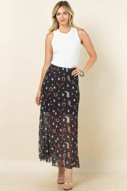 Western Mesh Maxi Skirt - Blush & Cactus