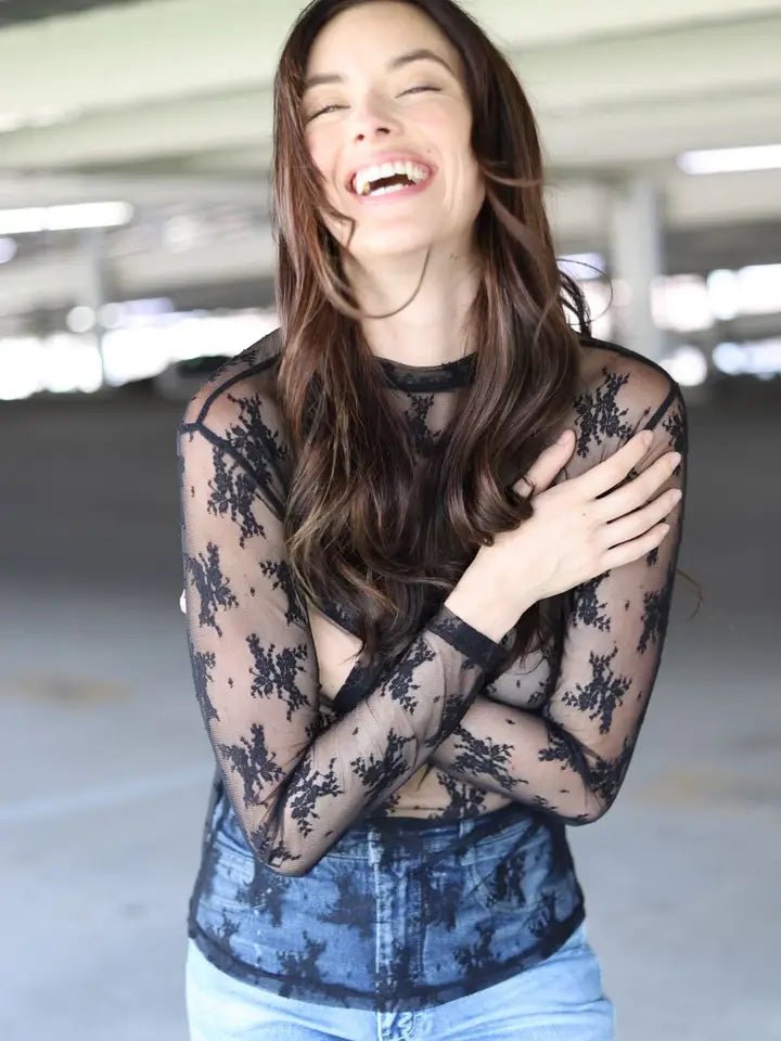 Black Sheer Lace Long - Sleeve Top - Blush & Cactus