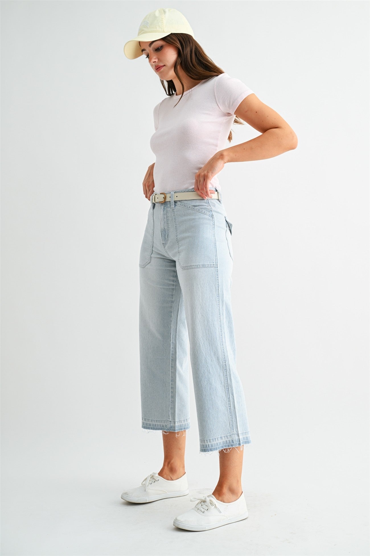 Mica Denim High - rise Wide Leg Cropped Stripe - Blush & Cactus