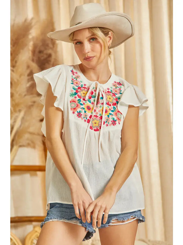 Embroidered Yoke Top - 2 Colors
