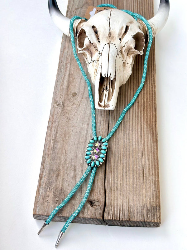 Western Glitter Style Stone Pendant Bolo Tie Necklace - Blush & Cactus