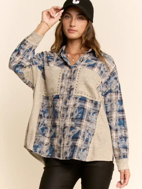 Air-Sprayed Plaid Studded Pocket Button-Front Shirt