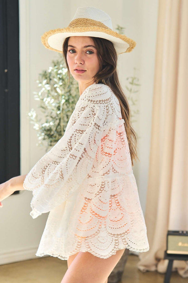 Crochet loose Midi Sleeve Mesh Cardigan Kimono