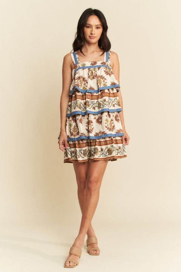 Davi & Dani Denim Band Boho Floral Printed Tiered Dress