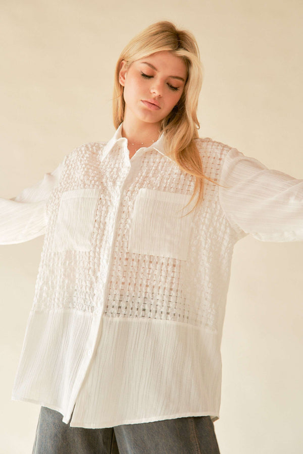 Davi & Dani Crinckled Jacquard Checker Button Down Shirt Top
