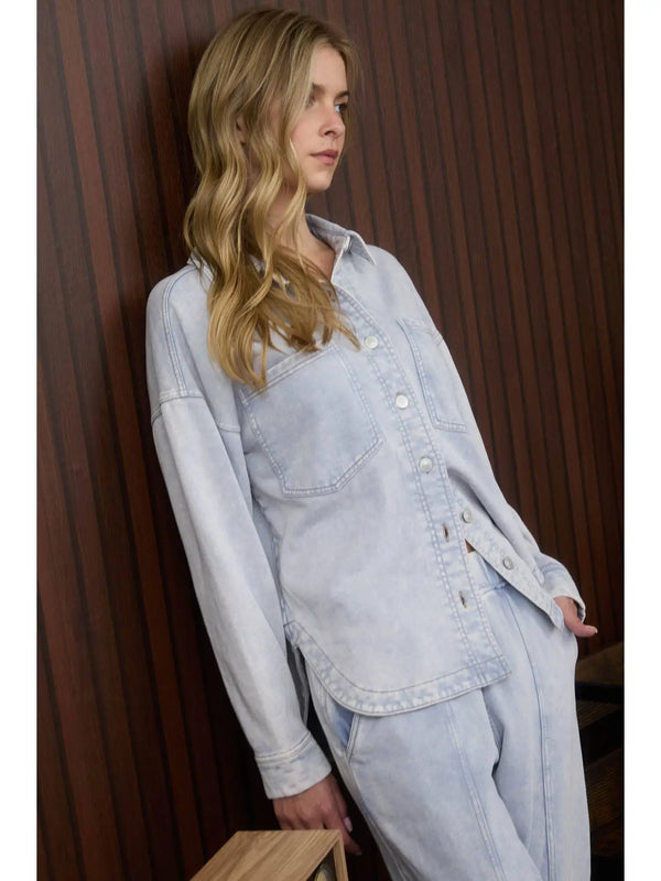 Acid Washed Collared Button Down Knit Shacket - Blush & Cactus