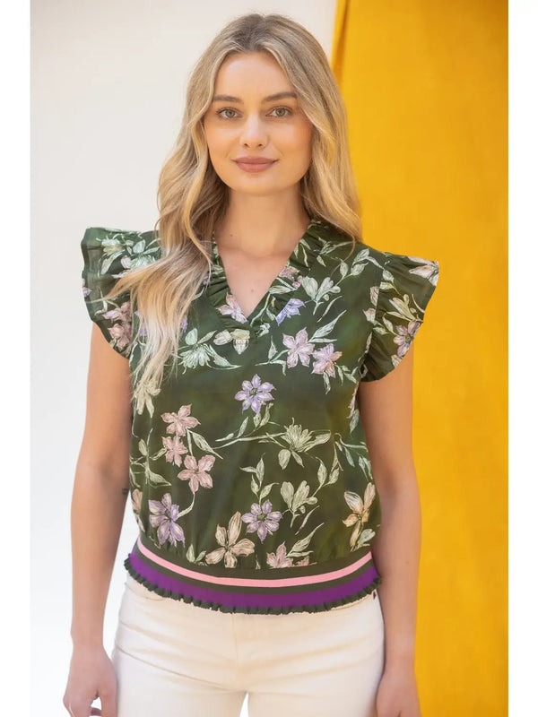 Stripe Ribbed Band Floral Print and Embroidered Top - Blush & Cactus