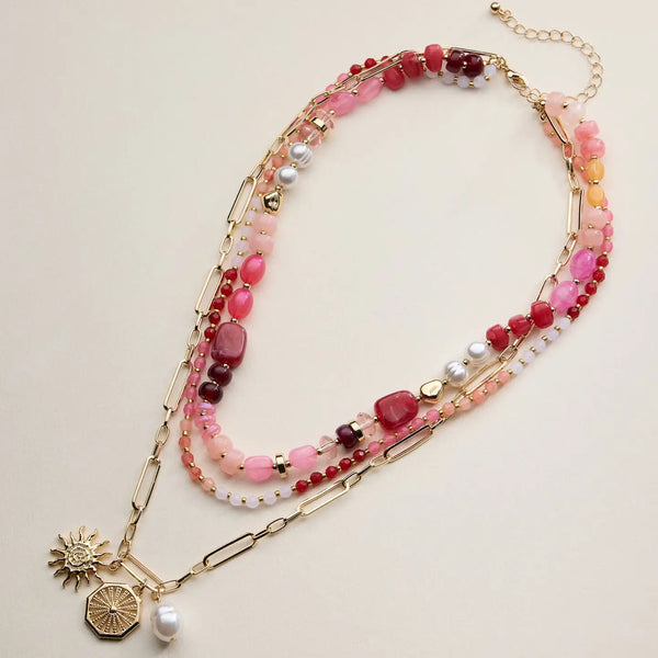 Sun Charm Layered Beaded Necklace | Pearl Pendant Necklace