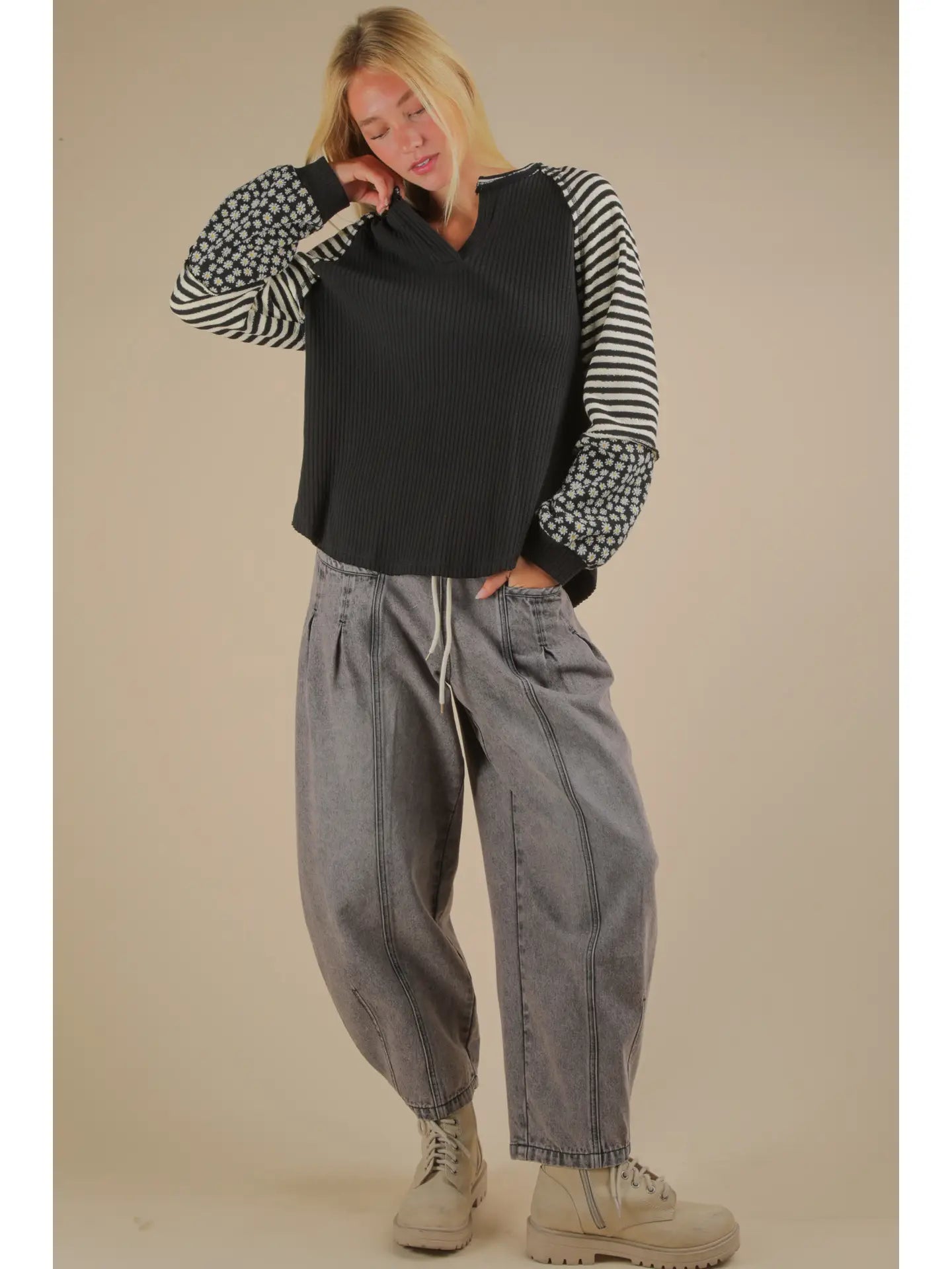 Oversized Floral & Stripe Casual Knit Top