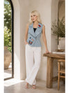Light Wash Denim Vest with Embroidered Patches