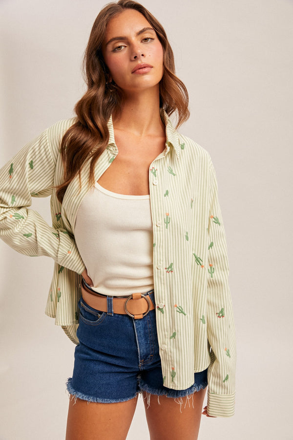 Desert Cactus Stripe Button Up Shirt - Blush & Cactus