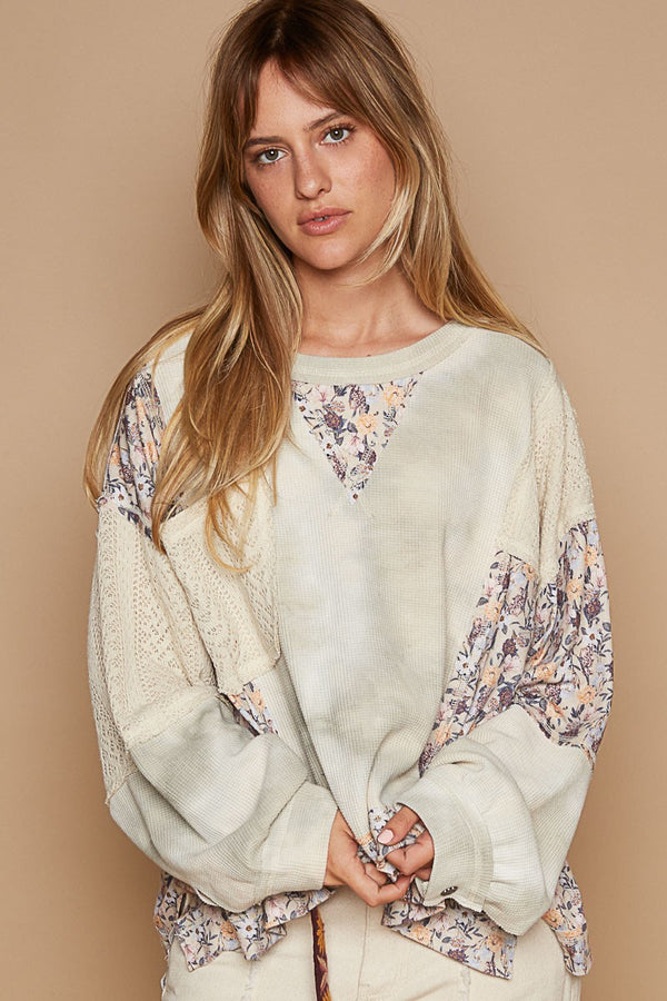 POL Washed Floral Print Crochet Detail Top
