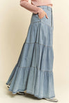 Davi & Dani Denim Button Front Ruffle Hem Denim Maxi Skirt