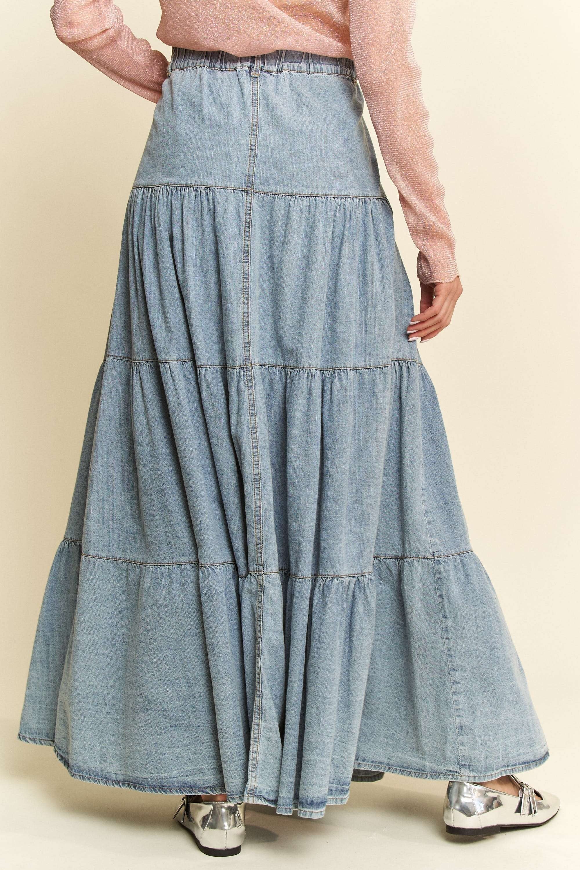 Davi & Dani Denim Button Front Ruffle Hem Denim Maxi Skirt