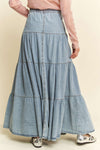 Davi & Dani Denim Button Front Ruffle Hem Denim Maxi Skirt