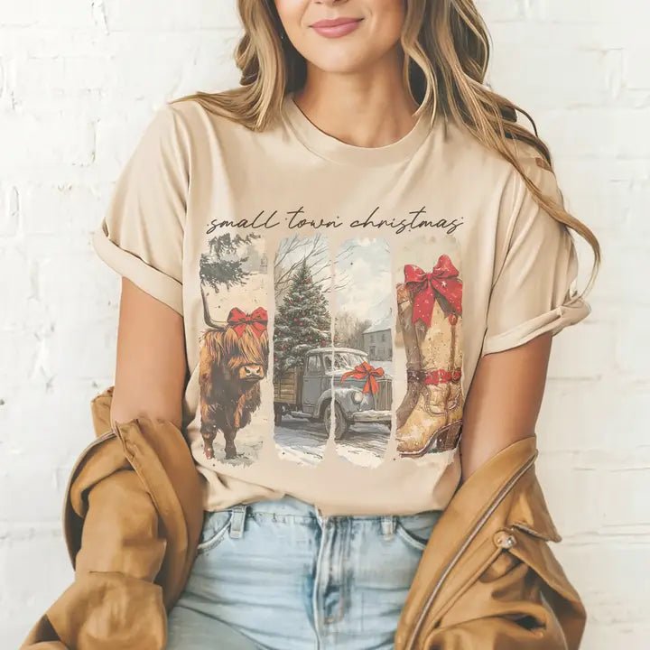 Retro Small Town Christmas Vintage Country Graphic Tee - Blush & Cactus