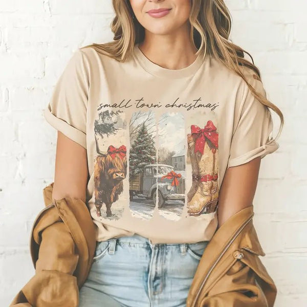 Retro Small Town Christmas Vintage Country Graphic Tee - Blush & Cactus