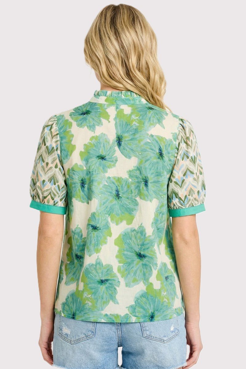 Floral Mixed Frilled Neck Top - Blush & Cactus