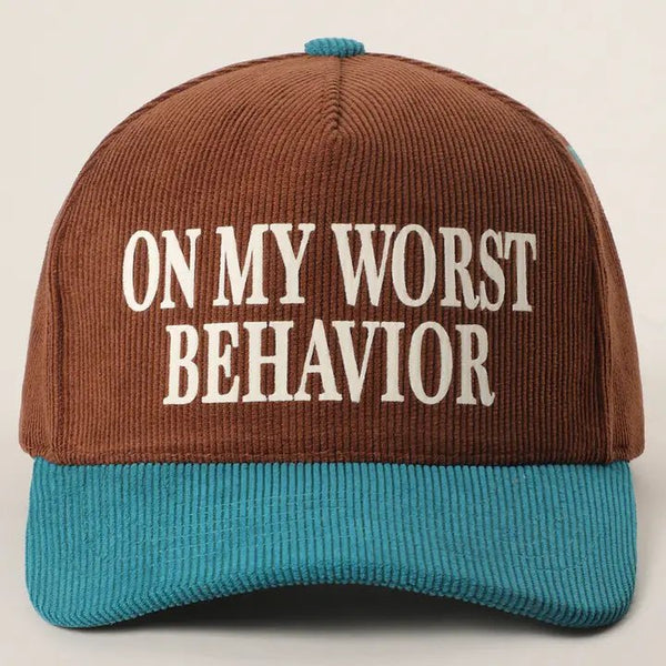 On My Worst Behavior Corduroy Trucker Hat - Blush & Cactus