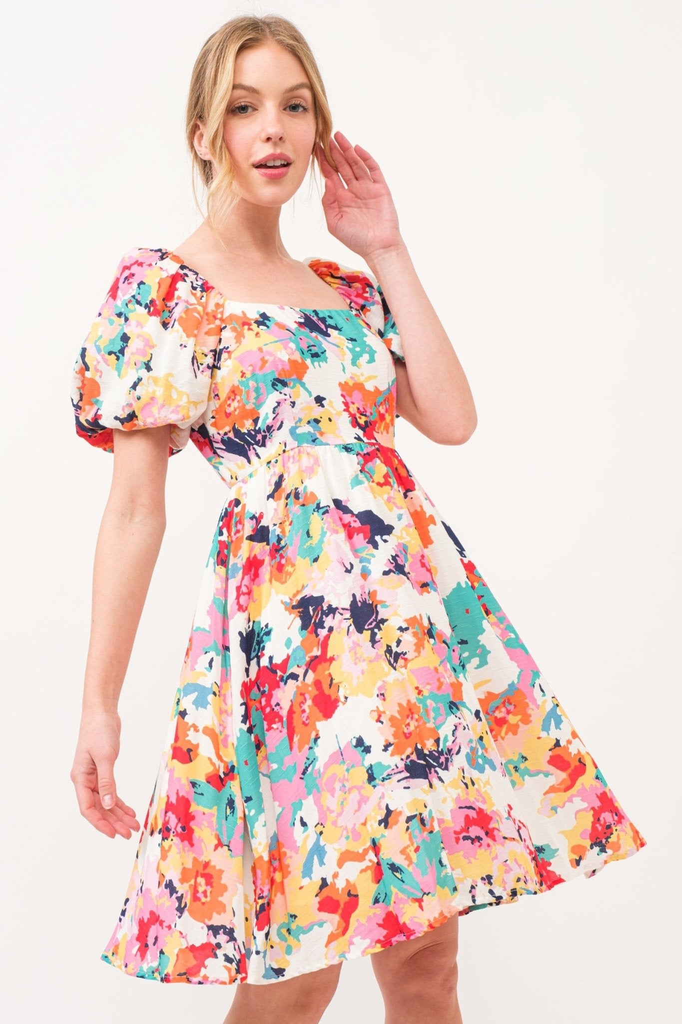 SALE Square Neck Bubble Sleeve Floral Printed Dress - Blush & Cactus