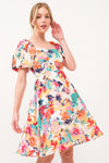 SALE Square Neck Bubble Sleeve Floral Printed Dress - Blush & Cactus