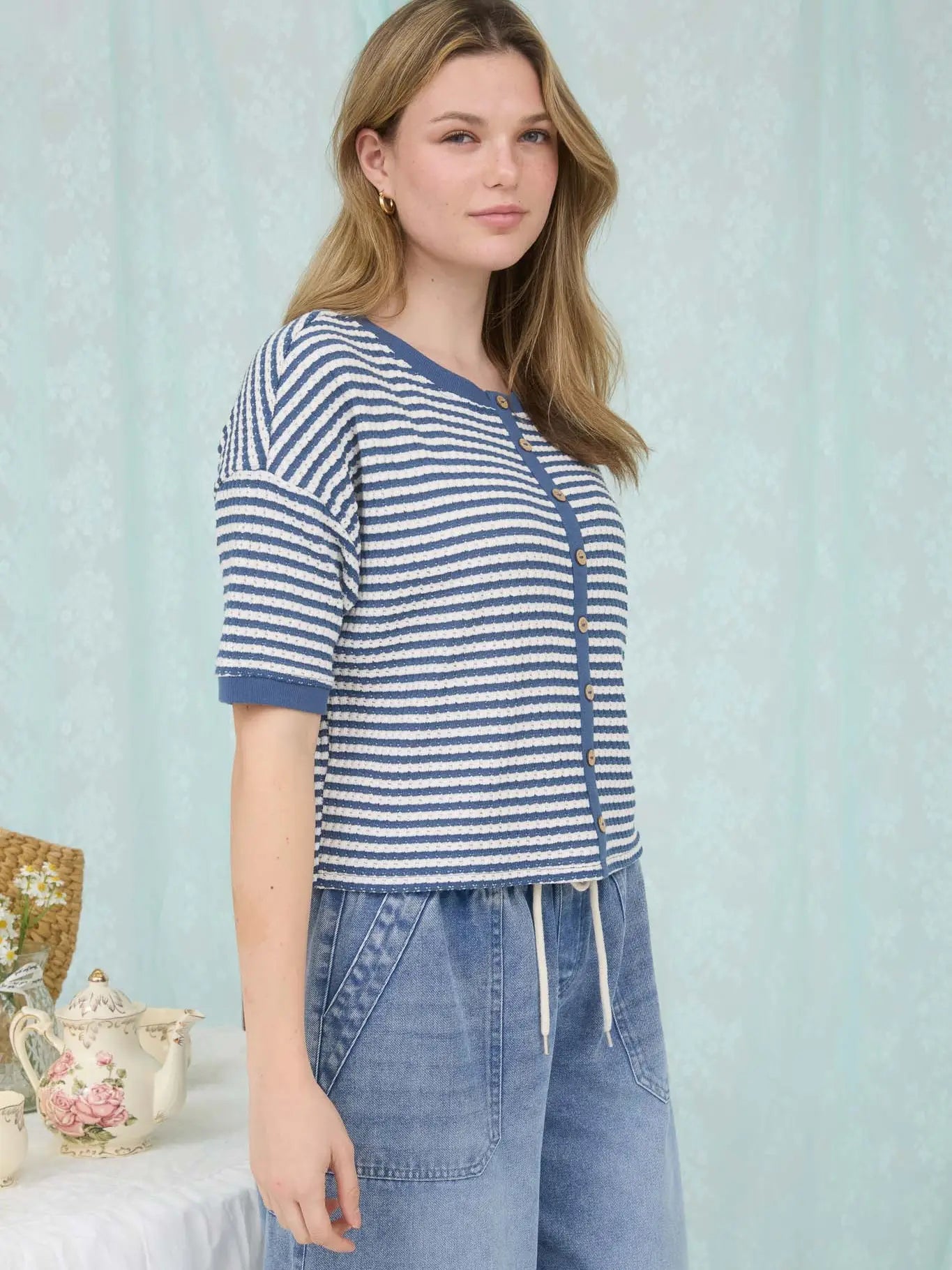 Stripe Button Down Short Sleeve Thermal Knit Top - Blush & Cactus