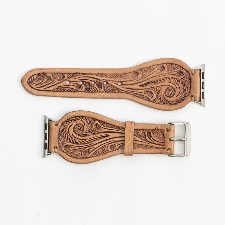 Myra Lone Star Handtooled Leather Watch Band in Light Saddle Tan