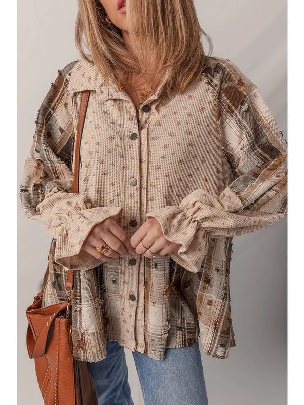 Boho Floral Plaid Patch Ruffled Waffle Shacket - Blush & Cactus