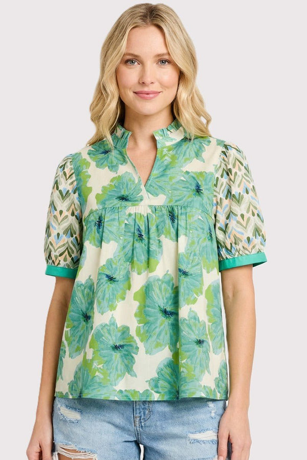 Floral Mixed Frilled Neck Top - Blush & Cactus
