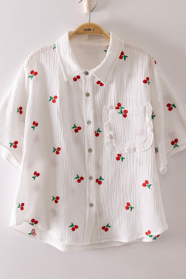 Fruit Embroidery Oversized Shirt Top - Curvy Size