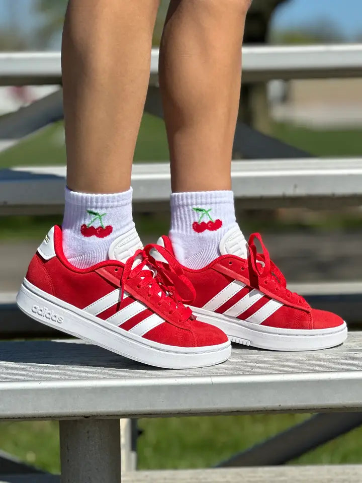 Classic Ankle Socks w/ Ribbed Tubing - Cherries - White