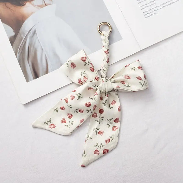 Floral Silk Bow Bag Charm Keychain