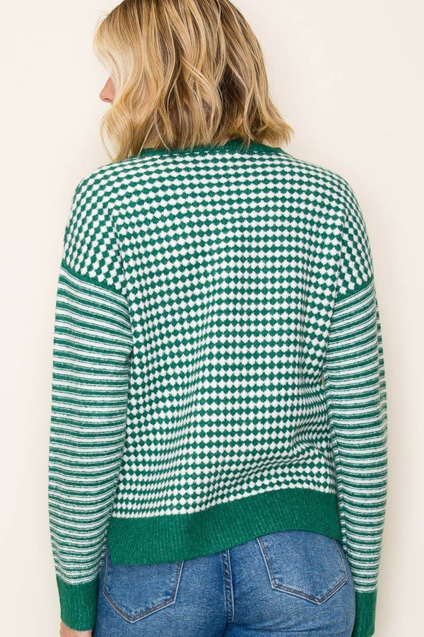 Checker Board And Stripe Mix Media Sweater - Blush & Cactus