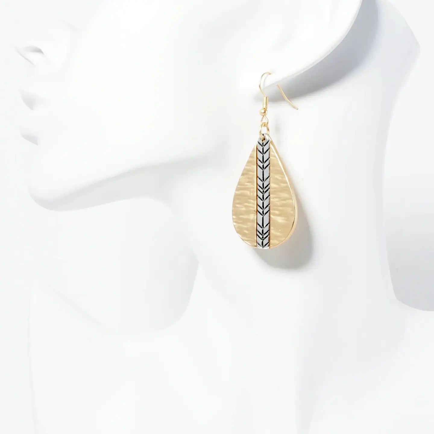 Dual - Tone Chevron Engraved Hammered Teardrop Dangle Earrings - Blush & Cactus