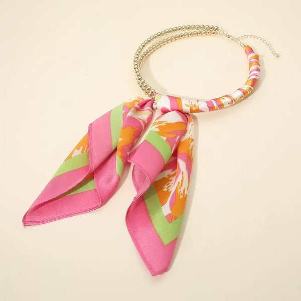 Abstract Pattern Fabric Scarf Double Bubble Chain Necklace