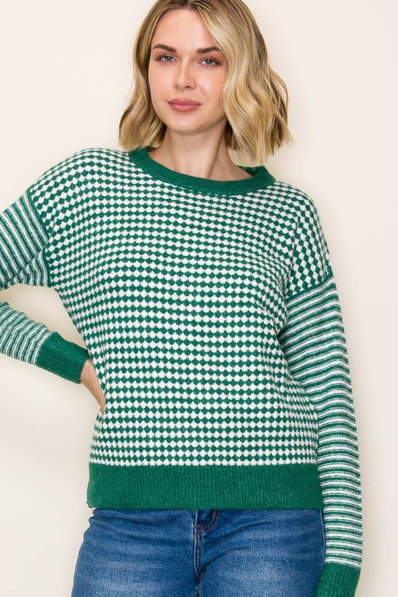 Checker Board And Stripe Mix Media Sweater - Blush & Cactus