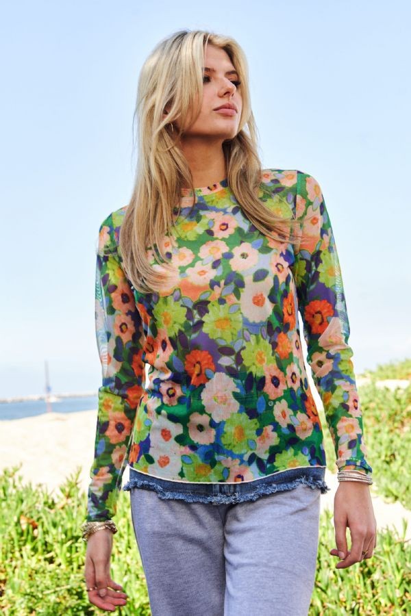 Flower Printed Mesh Round Neck Long Sleeve Top - Curvy Size