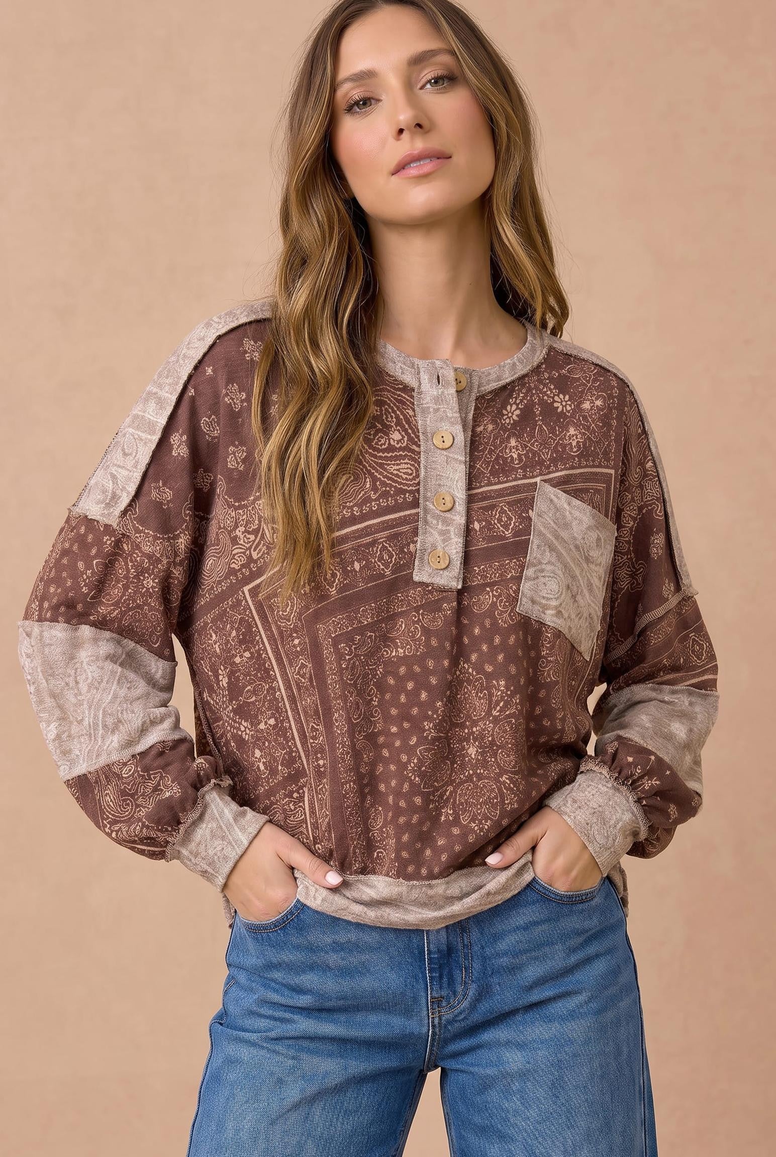 Paisley Patchwork French Terry Pullover Top
