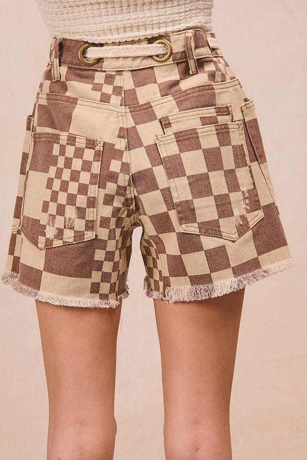 BIBI Washed Checker Board Printed Braided Waist Belt - Blush & Cactus