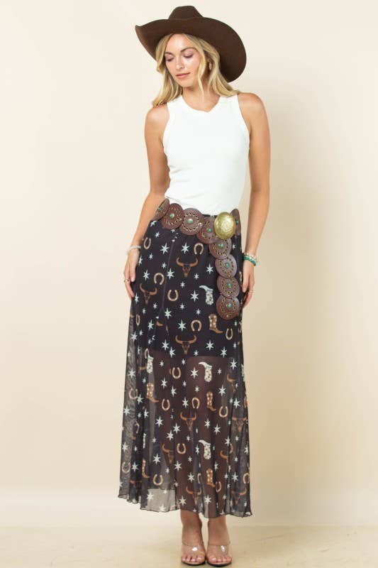 Western Mesh Maxi Skirt - Blush & Cactus
