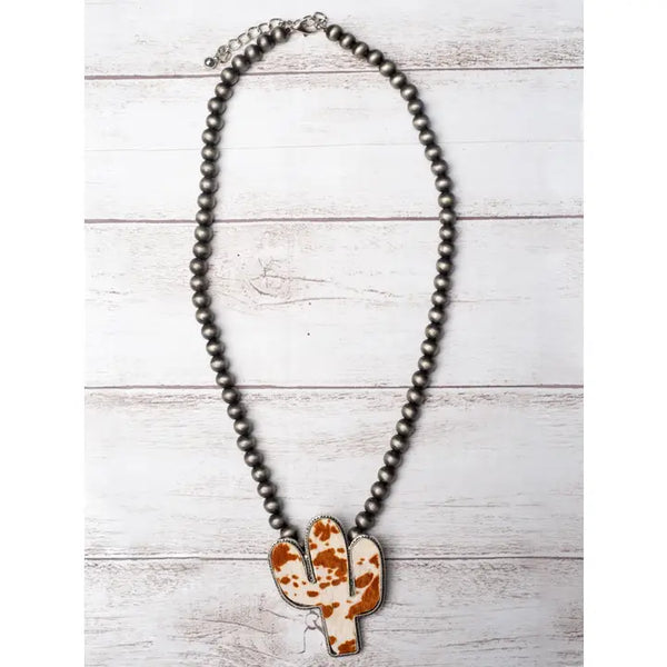 Wanted and Wild Light Brown Cowhide Cactus Pendant On Navajo Pearls Necklace