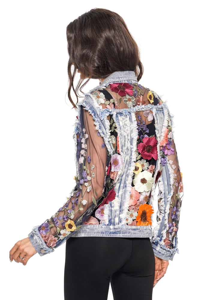 Denim Lace Jacket with Floral Embroidery