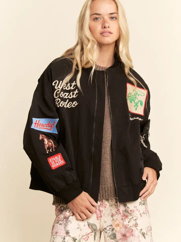 Davi & Dani West Coast Rodeo Embroidered Bomber Jacket - Blush & Cactus