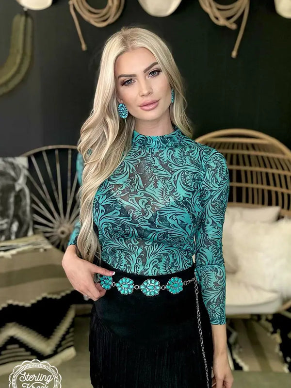 Tooled in Turquoise Mesh Top