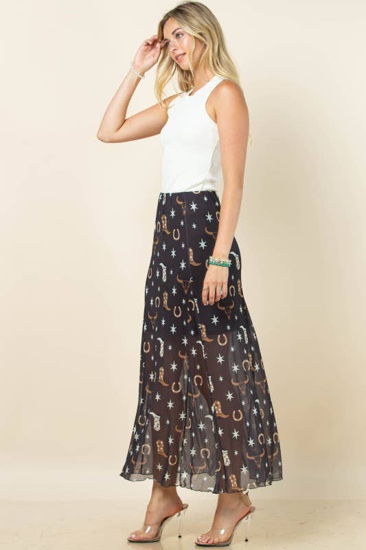 Western Mesh Maxi Skirt - Blush & Cactus