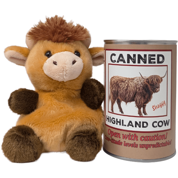 Canned Highland Cow | Stuffed Farm Animal Plush w/Jokes - Blush & Cactus