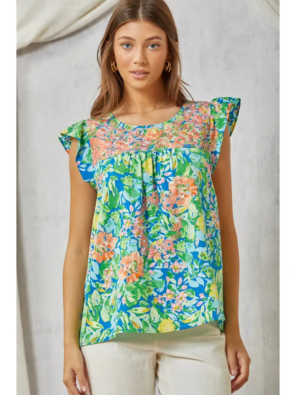 Savanna Jane Floral Printed Babydoll Top with Tonal Embroidery
