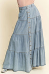 Davi & Dani Denim Button Front Ruffle Hem Denim Maxi Skirt