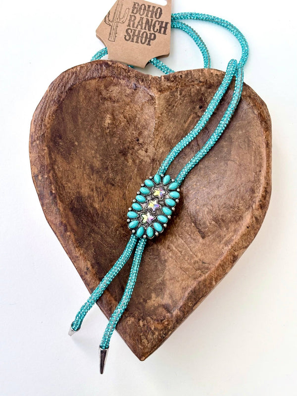 Western Glitter Style Stone Pendant Bolo Tie Necklace - Blush & Cactus