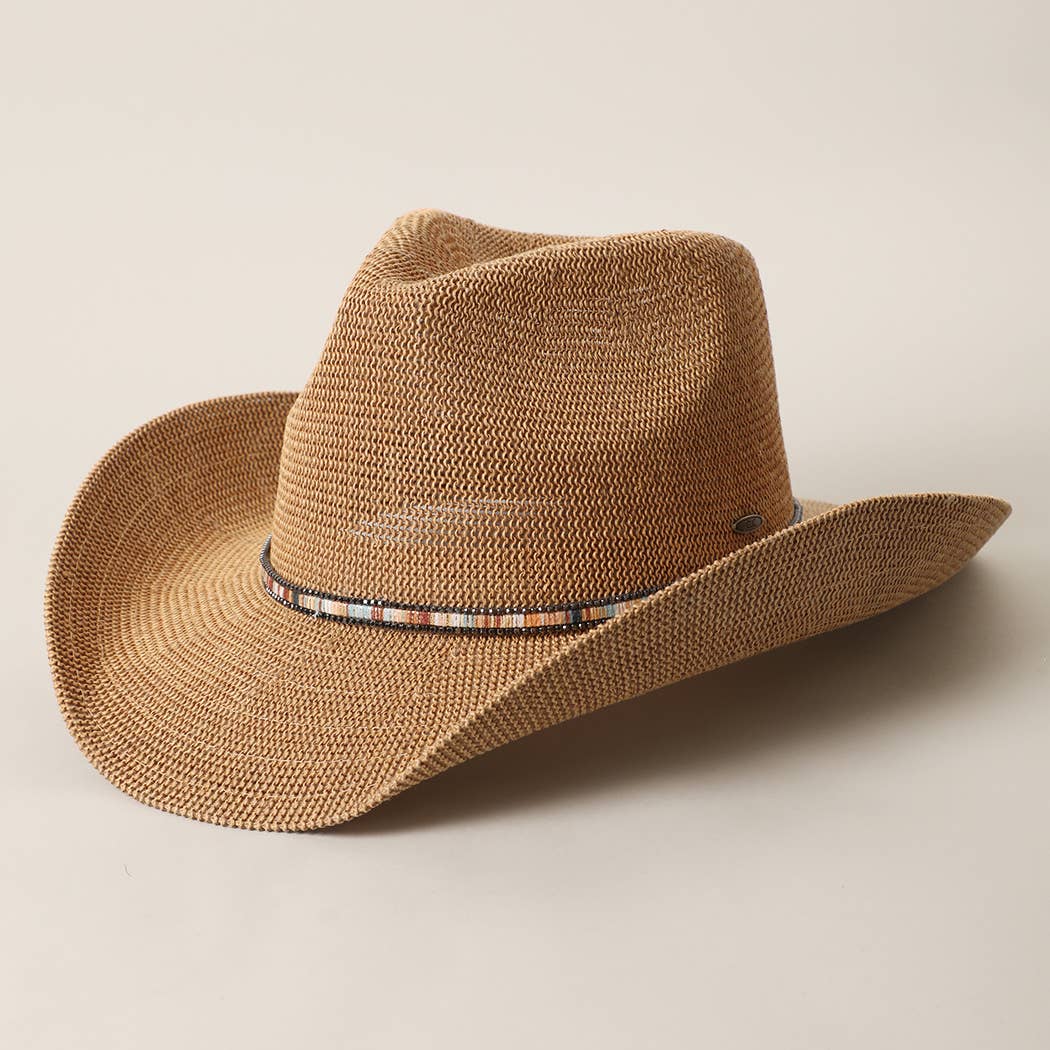 Knitted Paper Straw Cowboy Hat With Beaded Band